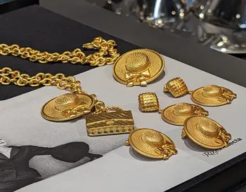 Retro arco do chapéu de palha brincos banhados a ouro 24k colar broche conjunto de Jóias de Luxo