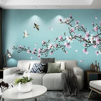 Personalizado com Foto de papel de Parede 3D Magnolia Flor Pássaro Murais de Estilo Chinês, Sala de estar Decoração de Quartos Papéis de Parede Decoração Moderna