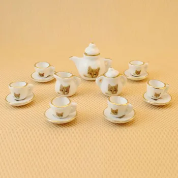 Muito 15pcs Casa de bonecas em Miniatura de Porcelana para Café Chá de panela Gatinho Copa Pires conjunto Prato de Cozinha de Jantar ware Decoração 1: 12