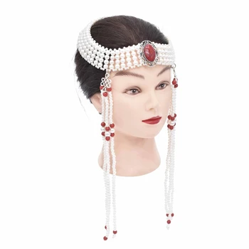 Branco Vermelho Acrílico Esferas De Longas Cadeias De Chapéu De Headwear Tibetano Étnica Noiva Casamento Acessórios De Cabelo ZuLu Da África Tribal Cabelo Jóias