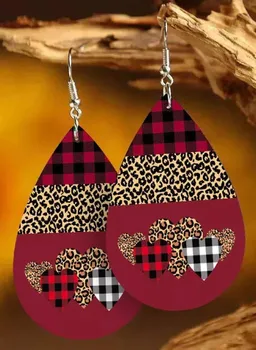 Leopardo-Leopardo Preto Vermelho Xadrez Buffalo Coração de Amor de Couro, Brincos Teardrop para as Mulheres a Moda Jóias Presentes