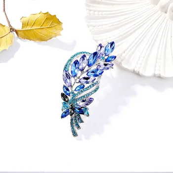 Moda Feminina Vintage Grande Azul Da Flor De Cristal Broches Para As Mulheres De Luxo, Cor Prata Strass, Liga Planta Broche De Pinos De Segurança