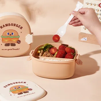 Criativo hamburger impresso caixa de almoço bonito dos desenhos animados para crianças compartimental alimentos suplementares caixa portátil tampa