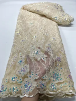 Chegada nova francês Lantejoulas Malha de Tecido de Renda 2023 Africana Bordado 3D Flor de Tule Tecido do Laço Nigeriano Para Vestidos de Noiva Costurar