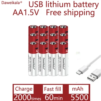 2023 Novo USB Pilhas Recarregáveis AA de 1,5 V 5500 mAh li-ion bateria para controle remoto mouseElectric brinquedo bateria + Tipo-C Cabo