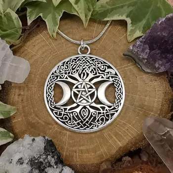 Celta Árvore da Vida Tripla Deusa da Lua Pingente, Pagã Wicca Único Pingente de Colar Bruxa Colar de Pentagrama