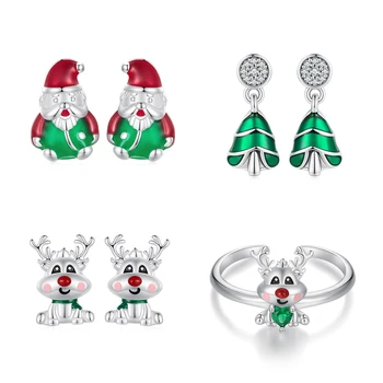 S925 Prata Luminosa Papai Noel Árvore De Natal Brincos Delicados Elk Anel Senhoras Enfeite De Natal Definir Presente