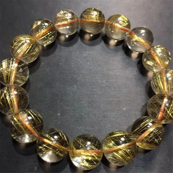 13mm Natural de Ouro do Cabelo Rutilated Pulseira de Quartzo Jóias Para Mulheres Senhora Homens Riqueza Dom Claro Esferas de Cristal Vertentes AAAAA