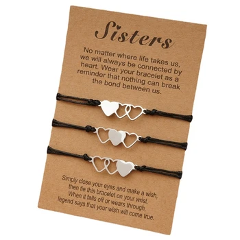 3 Pcs Três Irmãs Coração de Aço Inoxidável, Bracelete feito a mão Correspondente Coração Distância Coração-a-Coração Irmã Cartão de Pulseiras
