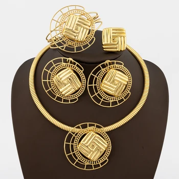 Banhado a ouro Conjunto de Jóias para as Mulheres Colar e Brincos de Ocos de Design Bracelete, Anel de 4Pcs Definido para o Engajamento italiano Conjunto
