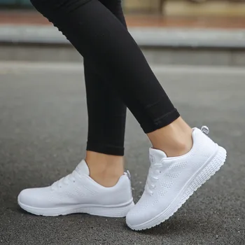Mulheres Sapatas Ocasionais De Moda Respirável Curta De Malha Plana Sapatos De Tênis Das Mulheres 2021 Ginásio Vulcanizada Sapatos De Mulher Branca, Calçado