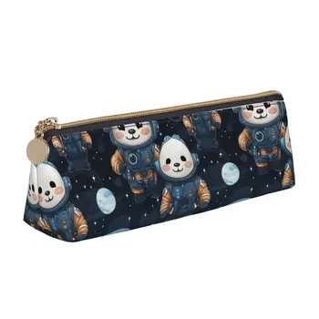 Panda Astronauta de Couro caixa de Lápis de lua universo Fashion Zíper Caixa de Lápis de Universidade Adolescente Triângulo Caneta, Sacos de