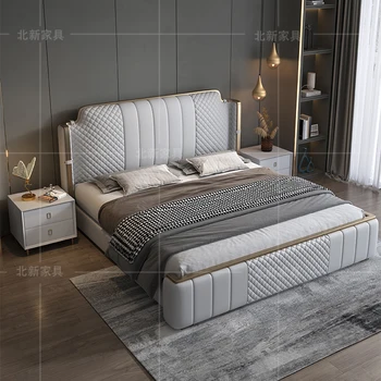 Italiano luz de couro de luxo cama de Casal moderno, simples cama principal unidade pequena de couro da cama