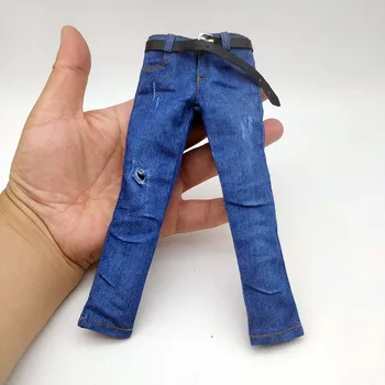 1/6 Escala de Elástico Azul Ripped Jeans Denim, Calças com Cinto de Modelo para 12em Masculino Soldado Ph Tbl Figura de Ação do Acessório