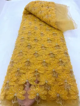 África do Laço de Tecido 2023 de Luxo de Alta Qualidade francês 3D Flor Paetês Bordados de Miçangas de Tule Tecido do Laço De Vestido de Festa de 5 metros