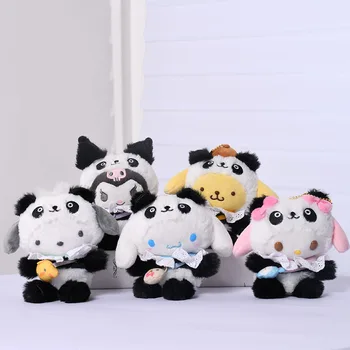 Sanrio Panda Hello Kitty 15Cm Chaveiro Kuromi Cinnamoroll Cruz de Vestir Boneca de Pelúcia Kawaii Minha Melodia Anime Cartoon Brinquedo de Pelúcia