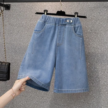 De Tamanho Grande, Cintura Elástica Shorts Jeans Para Mulheres De Verão De Nova Solto Moda Meia Calça Feminina Outono Sólido De Todos-Jogo Jeans