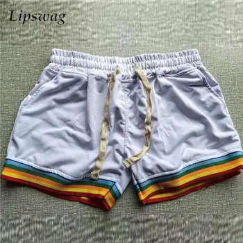 Vintage arco-íris Distribuído Impresso Homens de Retalhos Shorts Slim Fit Sports Fitness Calças Curtas de Verão Casual amarração do Cordão Shorts