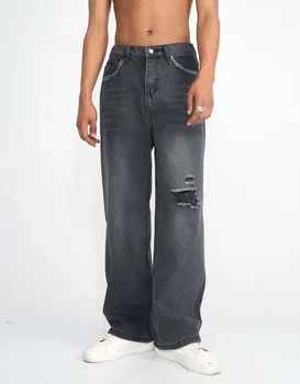2023 Novos Produtos coreano Reta Americano de Moda de Jeans, Calças com Buracos em Preto