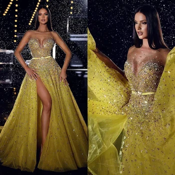 Sexy Amarelo Prom Vestido De Lantejoulas Lado De Divisão Sereia Vestidos De Noite Com Trem Destacável Feitos Vestidos De Noche