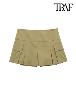 TRÁFICO de Mulheres Moda Bolsos Plissado Shorts Saias Vintage Cintura Alta Volta Zíper Feminino Skort Mujer