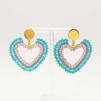Frisado brincos em forma de Coração Emenda Bohemia Mão tricô Liga de arco-íris Originalidade da Maré Simples Arroz bead brincos