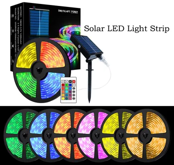 Solar Luzes LED Strip ao ar livre, 5M Solar Powered LED Strip RGB SMD 5050 Luzes de LED, IP67 Waterproof Luzes da Corda para Decoração de Jardim