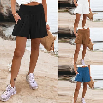 Moda para Mulheres de Verão de Novo Três-ponto de Calças de Sólido Elástico na Cintura Splicing Bolsos de Cintura Alta Oversize Branco Shorts Ocasionais