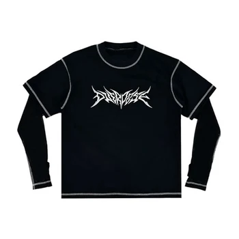 Gótico Impressão gráfica falso dois pedaços de manga comprida T-shirt de Grunge, as Mulheres do Vintage Y2K Roupas de Streetwear Casal Emo T-Shirt