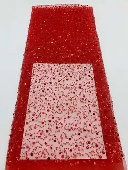 2023 Alta Qualidade Africano Tecido de Renda francesa Líquido vermelho de Lantejoulas Tecido, Costura, Bordado Lace Tule Nigeriano Tecido de Renda 5Yards
