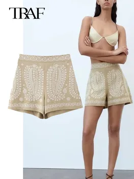 TRÁFICO de 2023 Mulheres Shorts Vintage Bordado de Alta Shorts de Cintura para a Mulher Roupas de Verão Casual Calças Curtas Chic Feminino Shorts
