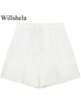 Willshela Mulheres Da Moda Com Bolsos Bege Plissado Com Zíper Frontal Mini Shorts Vintage Cintura Alta Fêmea Senhora Chique Shorts