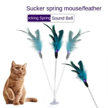 O brinquedo do gato colorido ventosa primavera pena com sino de brinquedos do animal de estimação suprimentos gato de pelúcia juguetes para gatos Engraçados do gato vara