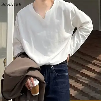 T-shirts Homens Sólido Fashion Estilo coreano com decote em V Simples Solta Todo-jogo de Streetwear Novo Outono Casual a Vitalidade da Juventude Básico Chique
