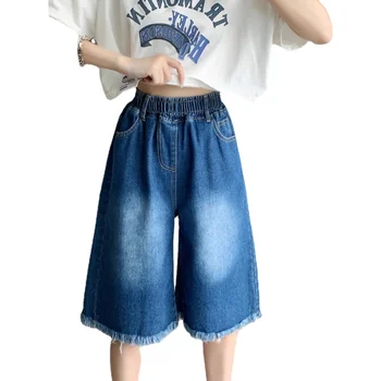 Mulheres Plus Size M-4XL Shorts Jeans de Cor Sólida da forma das Senhoras de Perna Larga Vintage Reta Feminino de Verão Shorts