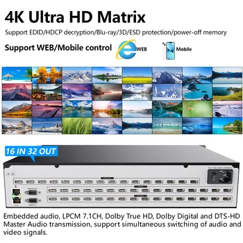 16x32 Profesional HDMI Switch Matrix Divisor de 16 a 32 fora de 4K 30Hz de Parede de Vídeo 4x4/8x8/8x16 Com Áudio e Vídeo Switcher de Controle da Web