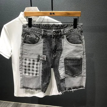 Verão ray Jeans Tipos de Joelho Quaresma Patcwork Lattice Bolso Desin Stitcin ip-op Rua Auto-cultivo de Brim Tipo